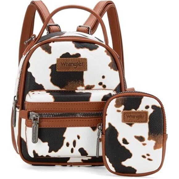 Wrangler Mini Backpack Cute Cow Print Backpack Purse for Girls and Women, Brown